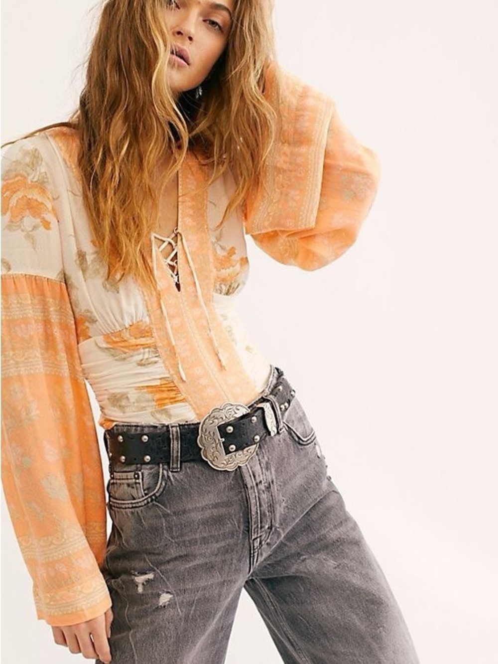 Free People Byron Bay Nights Top Medium Orange Cream Floral Tie Neck Blouse M